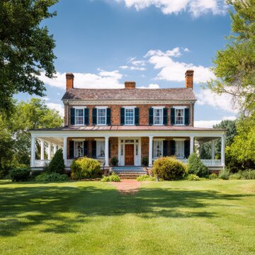 Historic brick home with wide porch under a sunny sky