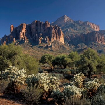 Desert mountain vista with buttes and desert plants