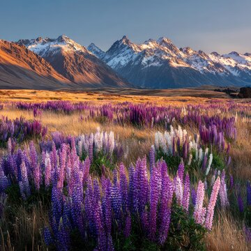 Sunrise over alpine lupines and mountains