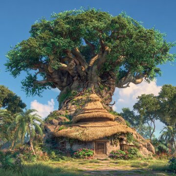 A thatched-roof hut nestled within a giant tree, surrounded by lush foliage. Sunny, idyllic scene