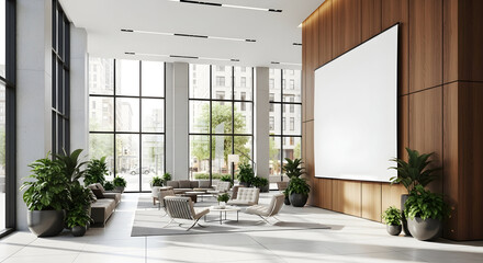 Modern lobby with large windows and greenery