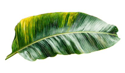 Green and yellow banana leaf isolated on transparent background