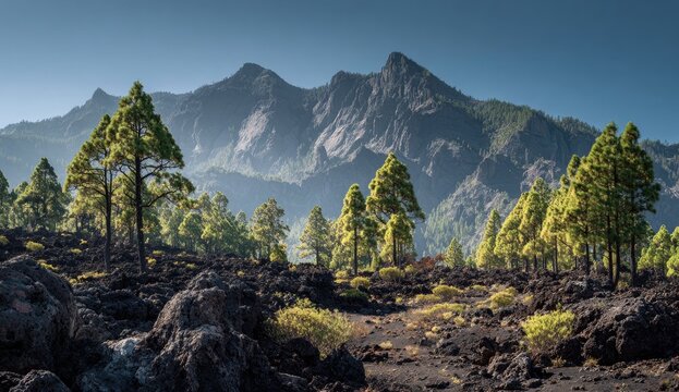 Volcanic landscape with pine trees and mountains