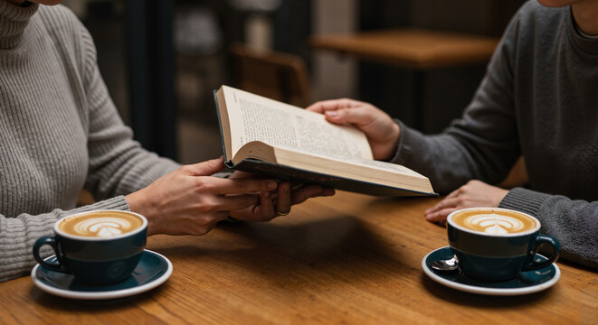 Friends sharing a book while enjoying coffee in a cozy café  