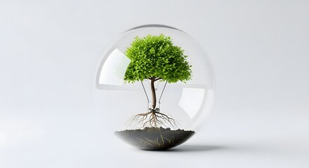 Transparent glass lightbulb with small tree growing inside symbolizing renewable energy sustainability innovation concept
