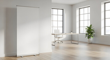 Bright modern office space with large windows and minimalist desk