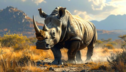 Fototapeta premium Majestic rhino in a savanna landscape