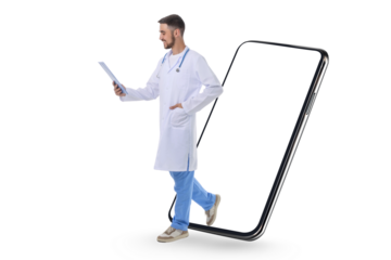 Doctor in white coat checks patient info, isolated on white