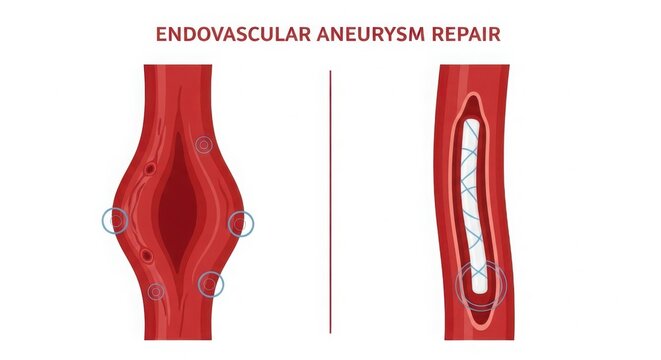Endovascular aneurysm repair medical illustration showing ballooned artery before and after stent illustration