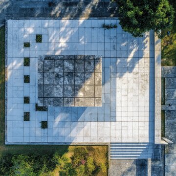Aerial view of a patterned concrete plaza