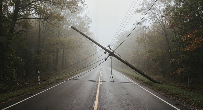 Fallen power lines across deserted road in foggy forest setting  