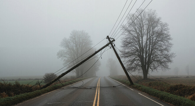 Fallen power line on deserted road in foggy landscape