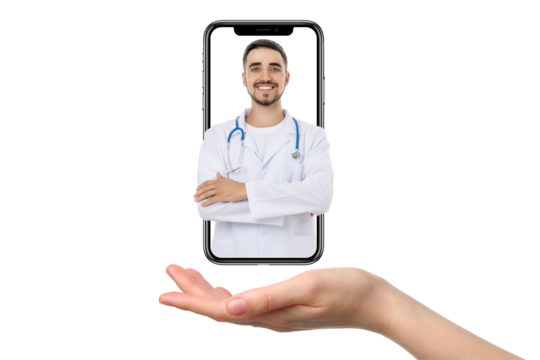 Hand holding phone with smiling doctor photo, isolated on white