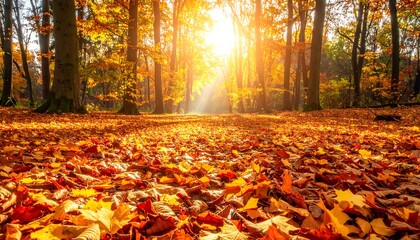 Autumn forest floor. Sunlight streams through trees