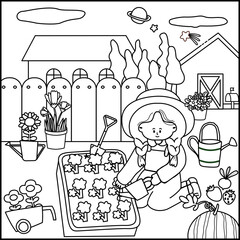 Obraz premium Cute girl cartoon, The girl is watering plants in the garden coloring page png, Drawn png cute girl in the garden for summer, element in the garden, hand drawn png set