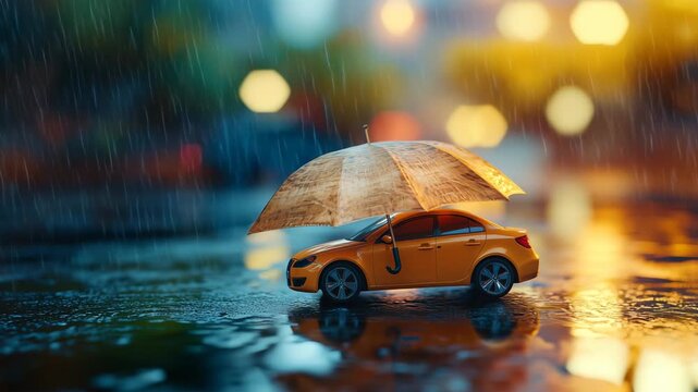 A small yellow car sits under a tiny umbrella as rain pours down, creating a colorful and reflective surface. This whimsical scene captures the essence of automobile protection in adverse weather.