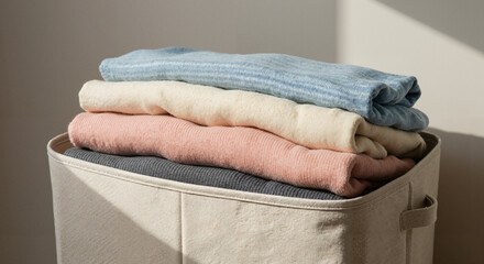Soft blankets neatly stacked in a fabric storage basket indoors  