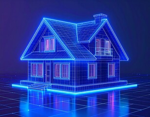 Digital house model, glowing wireframe
