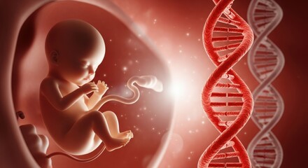 Human fetus developing in uterus alongside dna double helix representing genetics illustration