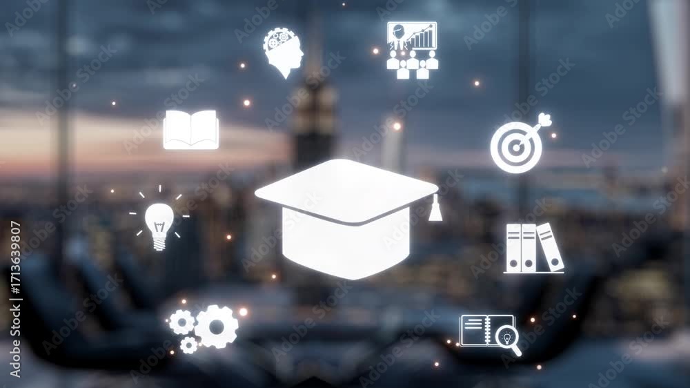 Poster a robot hand reaches for a digital graduation cap, surrounded by icons of knowledge and progress, il