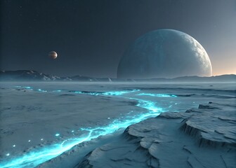 alien frozen plain glowing mineral edges