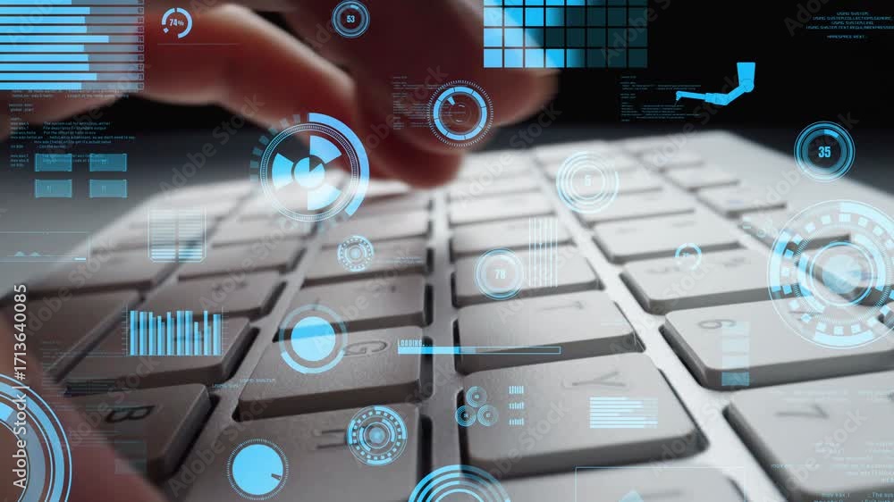 Poster a captivating image showcasing a laptop keyboard with digital data visualization overlays. this repr