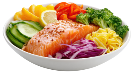 Nutritious Culinary Delights: A vibrant and balanced bowl showcasing succulent salmon, a kaleidoscope of colorful vegetables, and a zesty lemon wedge, perfect for a health-conscious culinary creation.