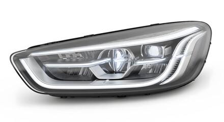 Car headlight close-up isolated on white background. Automotive lighting and vehicle safety concept.
