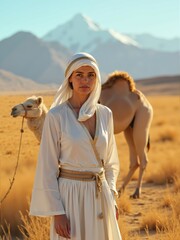Woman in desert with white horse