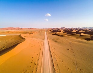 Desert Road Extends Through Golden Sands.