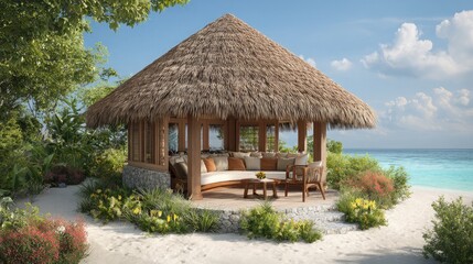Tropical Beach Hut Surrounded by Lush Greenery and Blue Ocean