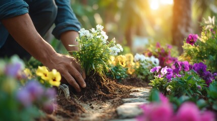 Fototapeta premium Hands Planting Colorful Flowers in a Beautiful Garden Setting