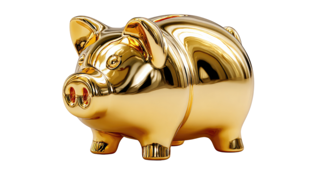 Golden Piggy Bank: A shining golden piggy bank sits, a symbol of wealth and saving, ready to receive coins and store financial goals in a clean, professional studio shot.