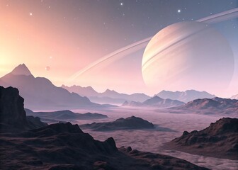 alien rocky horizon glowing dust clouds