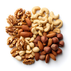 A healthy assortment of mixed nuts including walnuts almonds cashews hazelnuts and peanuts arranged in a pile isolated on white background
