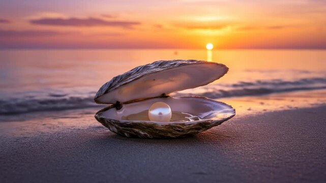 White pearl in open oyster shell on sand beach at sunset. Nature treasure ocean pearl for jewelry gift and beauty product background footage.