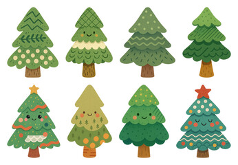 PNG Cute whimsical Christmas tree illustrations, element set on transparent background