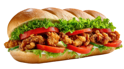 Savory Sub: A mouthwatering close-up of a fully loaded sub sandwich, featuring layers of crispy fried chicken, fresh tomatoes, crisp lettuce, and creamy spread nestled within a perfectly baked roll. 