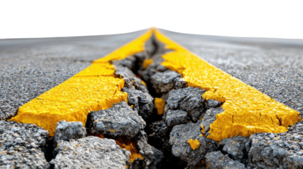 Cracked Road Surface: A striking image reveals the harsh reality of road damage, showcasing a significant crack splitting the asphalt surface, disrupting the smooth flow of the journey.