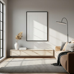 Frame mockup, ISO A paper size. Living room wall poster mockup. Interior mockup with house background. Modern interior design.