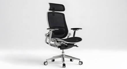 Modern ergonomic office chair isolated on white background. Workplace furniture for comfort and productivity.
