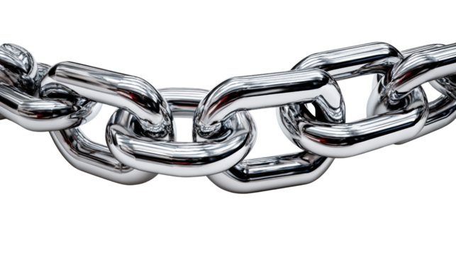 Interlinked Metallic: A close-up, high-angle perspective highlights the robust and durable structure of a metallic chain against a blank background.
