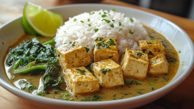 This vibrant green thai curry showcases tender tofu and fresh spinach paired with pak choi. Served on a pristine plate alongside fluffy rice and a wedge of lime, it promises a flavorful meal.