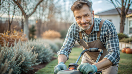 Obraz premium Professional gardener mowing the lawn with a cheerful expression in a scenic garden