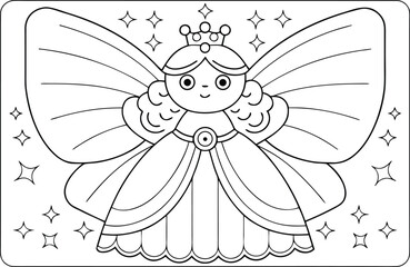 A charming fairy princess wearing a crown and flowing dress stands with large butterfly wings