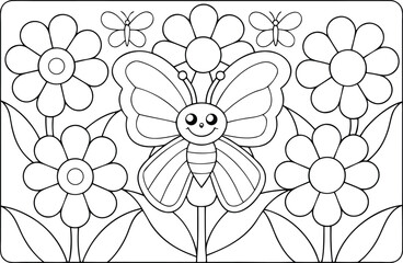 A cheerful butterfly rests among blooming daisies in a simple line drawing