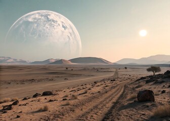 minimal alien barren desert glowing giant planet