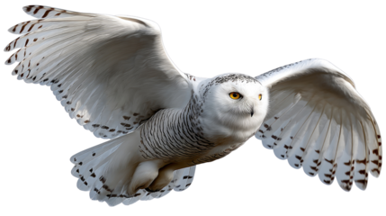 Snowy Owl in Flight: A majestic snowy owl soars through the air, showcasing its impressive wingspan and piercing gaze, set against a blurred backdrop