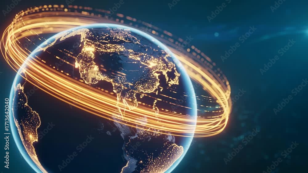 Poster global network: a digitally rendered depiction of earth encircled by glowing, interconnected pathway