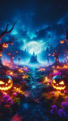 Spooky forest, gothic Halloween image. Pumpkins, Jack-O-Lanterns, Castle. Spooky Halloween Background, banner, poster.	
